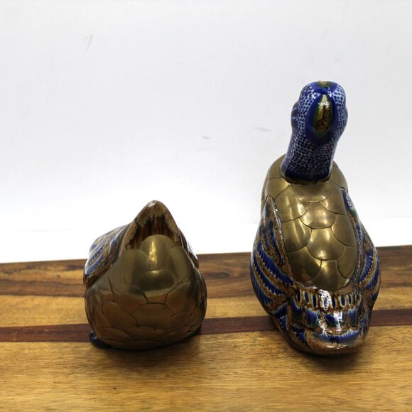 Vintage Tonala Mexican Folk Art Brass Hand Painted Ceramic Pair Duck Figurines - Picture 3 of 10